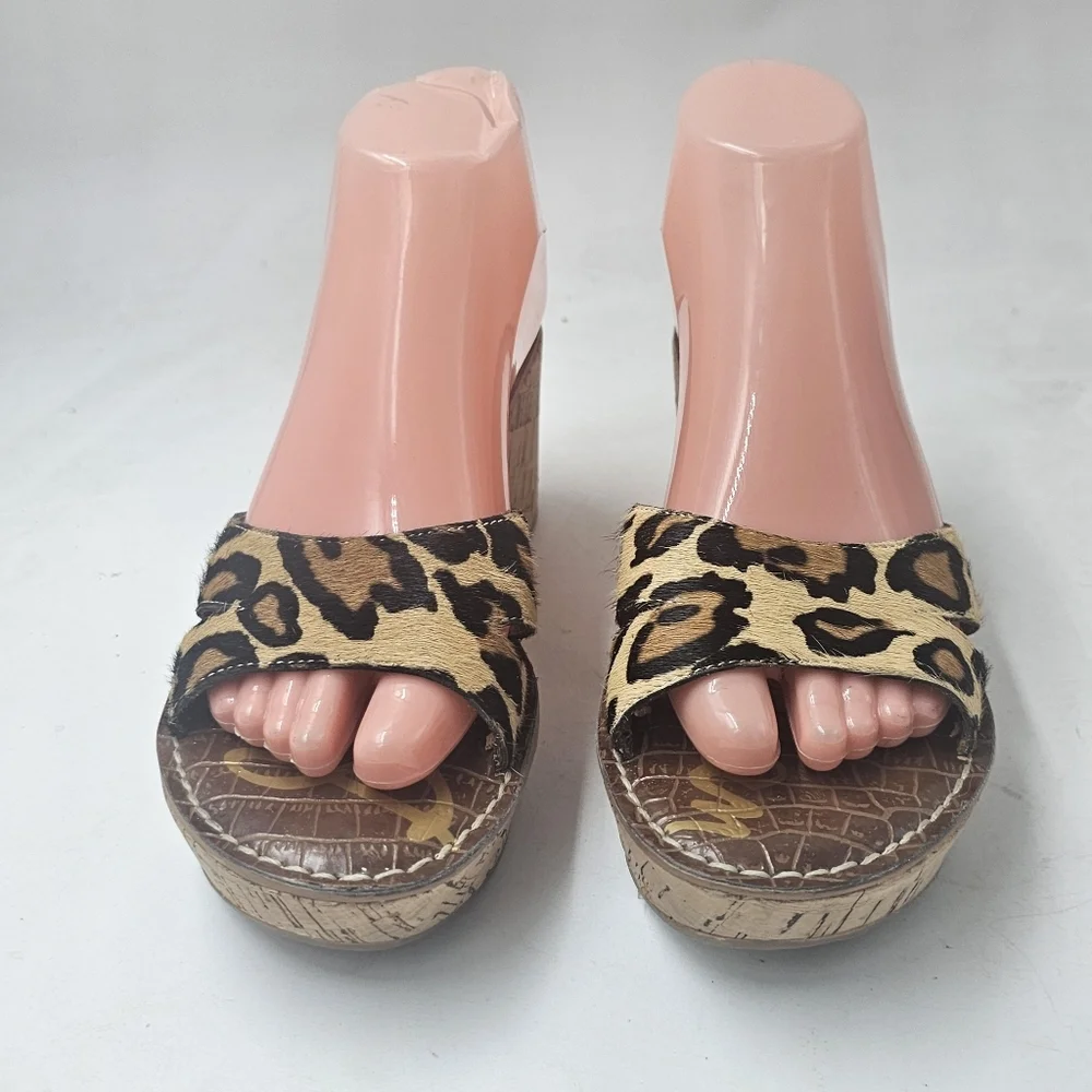 Sam Edelman Reid Leopard Calf Hair Cork Wedge Slide Sandals Platform Size 8